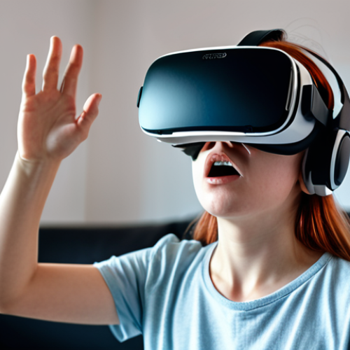 Home 4 A person experiencing digital motion sickness while using a VR headset, with a blurred and distorted virtual environment in the background, highlighting the discomfort and disorientation.
