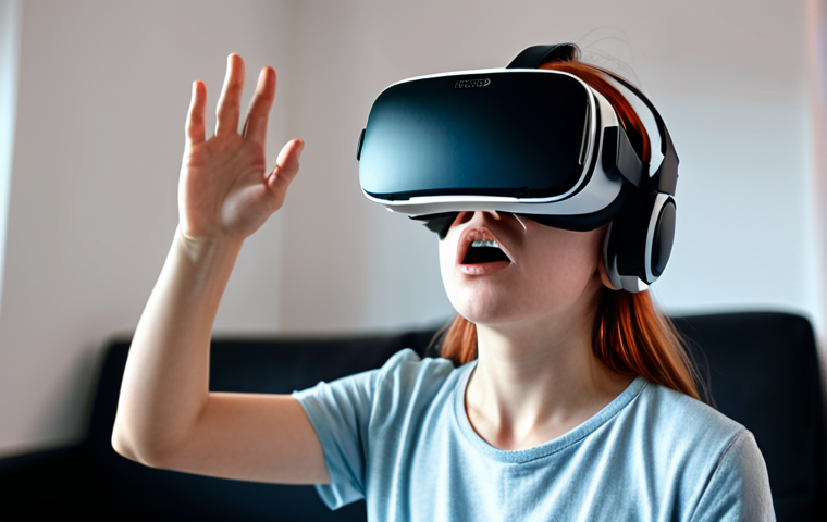 A person experiencing digital motion sickness while using a VR headset, with a blurred and distorted virtual environment in the background, highlighting the discomfort and disorientation.